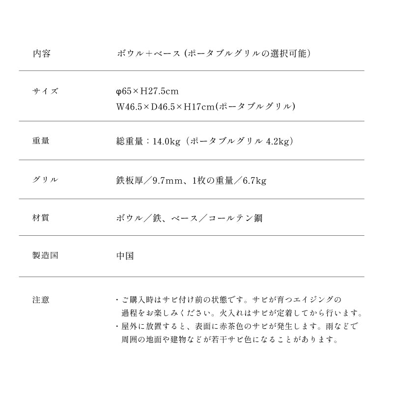 ファイヤーボウル φ65 ベースセット FIRESIDE アウトドアグリル ファイヤープレース BBQ 焚き火台 (ポータブルグリル選択可能)